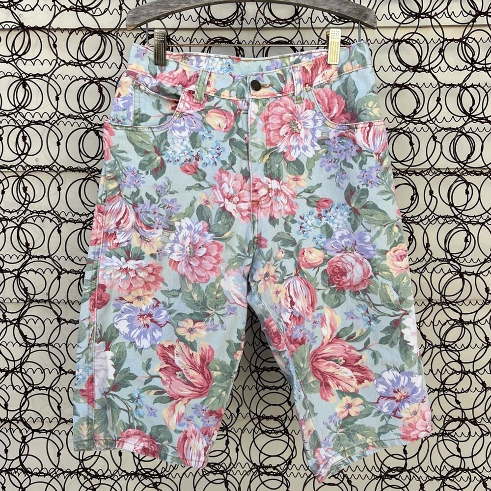 Vintage 90s Zena Floral Pastel Bareback Bermuda High Rise Jean Shorts SMALL?